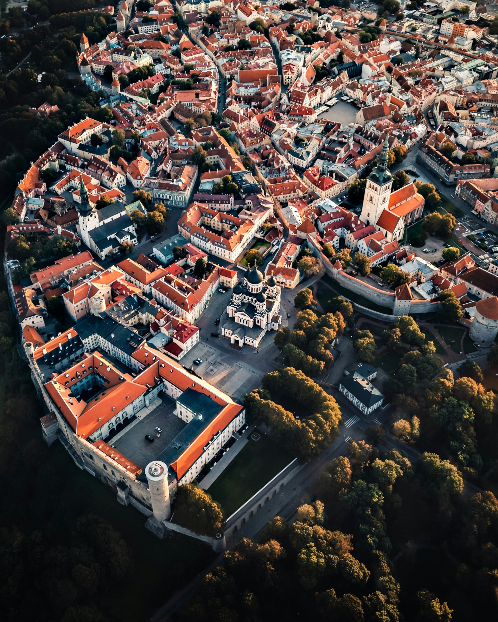 Aerial view of Tallinn Old Town at golden hour, Estonia