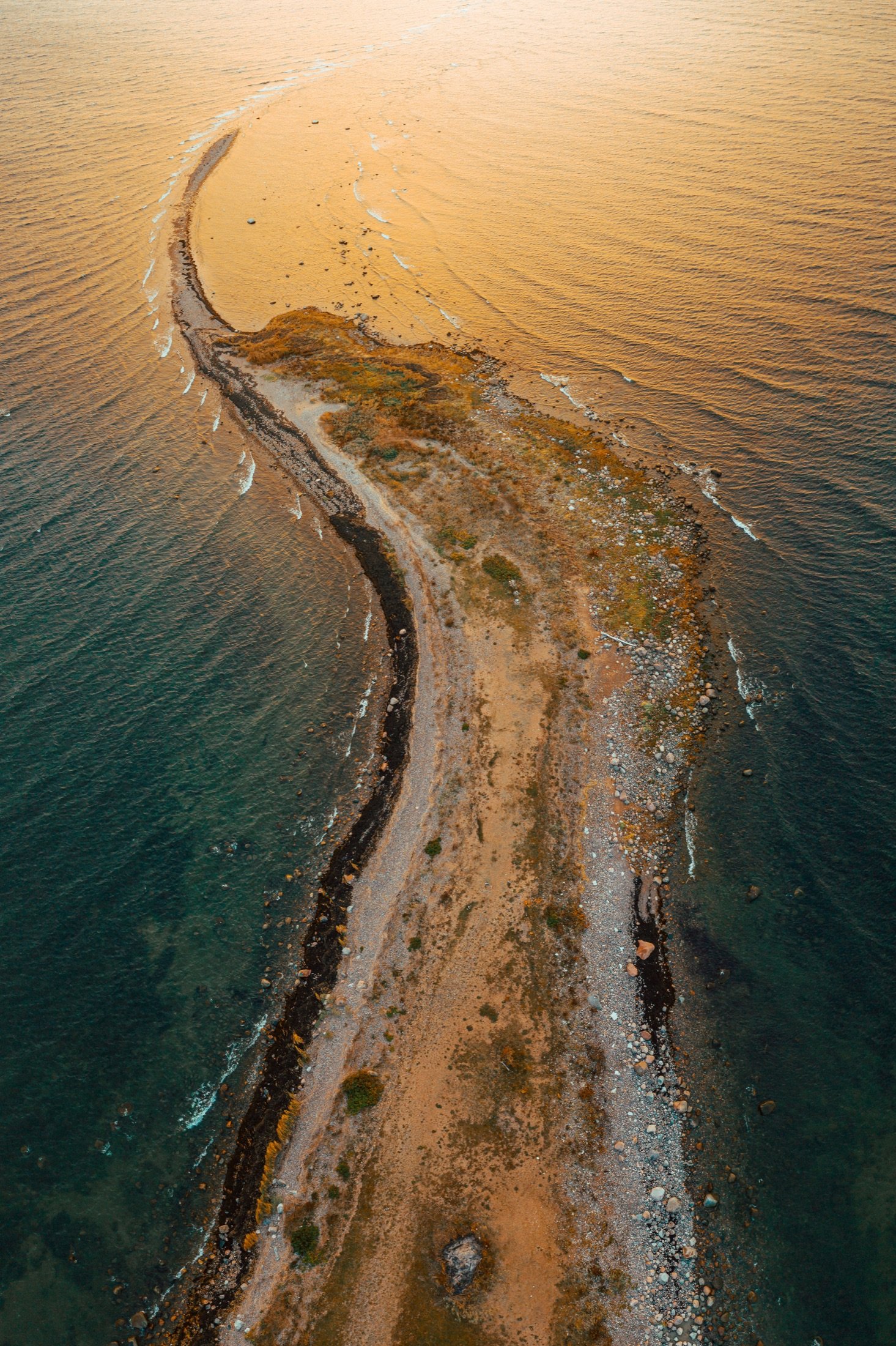 Aerial view of the Baltic coastline and limestone klint at sunset