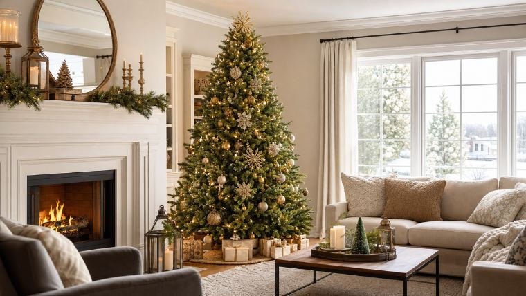 Living room styled with a Puleo International Christmas tree